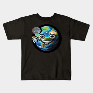 The astronaut hanging on the moon in front of the cute Earth Kids T-Shirt